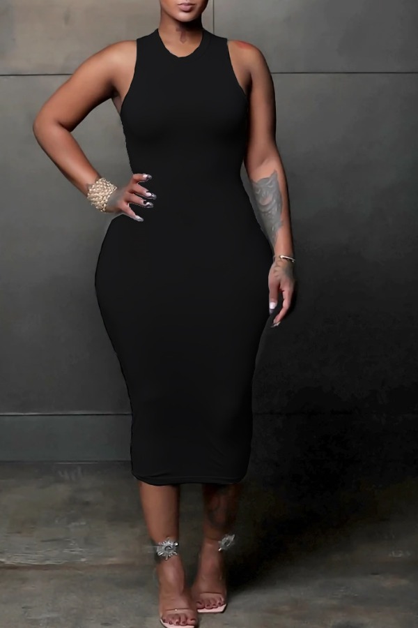 

lovely Casual O Neck Basic Skinny Black Mid Calf Dress
