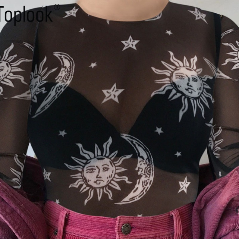 

lovely Street See-through Print Black T-shirt