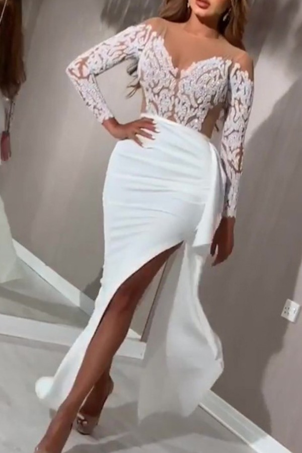 

lovely Sexy Dew Shoulder Patchwork White Maxi Dress