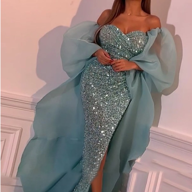 

lovely Temperament Dew Shoulder Patchwork Baby Blue Maxi Dress