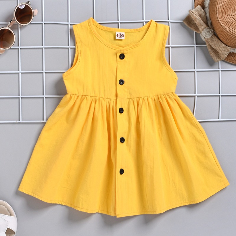 

lovely Sweet O Neck Buttons Design Yellow Girl Knee Length Dress