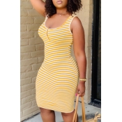 Lovely Casual U Neck Striped Print Yellow Knee Len