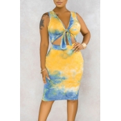 lovely Casual Tie-dye Print Yellow Two-piece Skirt