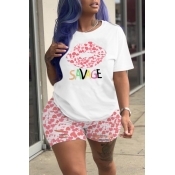 lovely Leisure Print Pink Plus Size Two-piece Shor