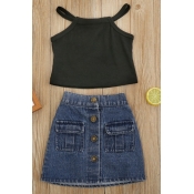 lovely Trendy Buttons Design Black Girl Two-piece 