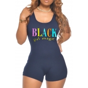 lovely Casual O Neck Letter Print Black One-piece 