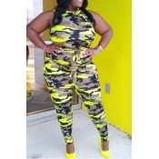 lovely Casual Camo Print Yellow Plus Size One-piec