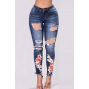 lovely Casual High-waisted Broken Holes Deep Blue 