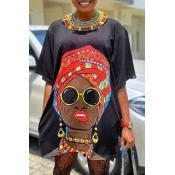 lovely Casual O Neck Print Black Mini A Line Dress