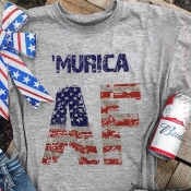 lovely Independence Day Casual Letter Print Grey T