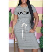 Lovely Casual Letter Print Grey Knee Length Dress