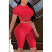 Lovely Sportswear Patchwork Red Two-piece Shorts S