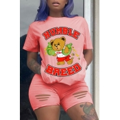 lovely  Casual Cartoon Print Pink Two-piece Shorts
