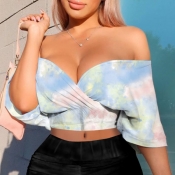 Lovely Stylish Dew Shoulder Tie-dye Red Blouse