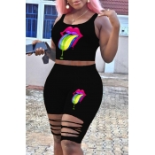 Lovely Casual Lip Print Black Two-piece Shorts Set