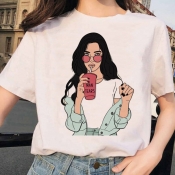 lovely Casual O Neck Print White T-shirt