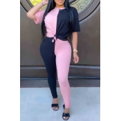 LW Casual O Neck Patchwork Pink Two-piece Pants Se