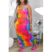 LW Trendy Tie Dye Rose Red Two Piece Skirt Set