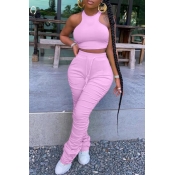 LW Stylish Fold Design Pink Two-piece Pants Set