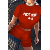 Lovely Casual O Neck Letter Print Red Two-piece Sh
