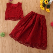 lovely Stylish O Neck Lace Red Girl Twopiece Skirt