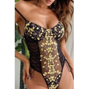 lovely Sexy Patchwork See-through Yellow Bodysuit