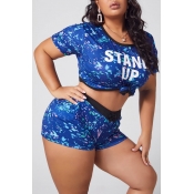 lovely Casual O Neck Print Deep Blue Plus Size Two