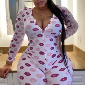 lovely Casual Lip Print Purple Plus Size One-piece