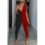 lovely Sexy V Neck Patchwork Red One-piece Jumpsui