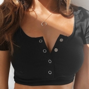 lovely Casual Buttons Design Black Blouse
