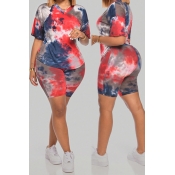 Lovely Casual Tie-dye Red Plus Size Two-piece Shor