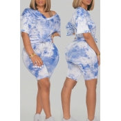 Lovely Casual Tie-dye Baby Blue Plus Size Two-piec