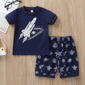 lovely Casual Print Blue Boy Two-piece Shorts Set