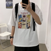 lovely Leisure O Neck Cartoon Print White T-shirt