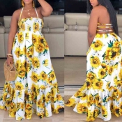 Lovely Bohemian Sunflower Print White Maxi Plus Si