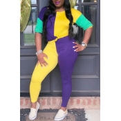 lovely Casual Color-lump Patchwork Purple Two-piec