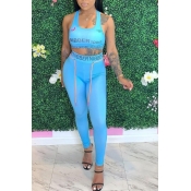 LW Sportswear Letter Blue Two-piece Pants Set