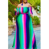Lovely Plus Size Bohemian Striped Green Maxi Dress