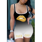lovely Sportswear Lip Print Black One-piece Romper