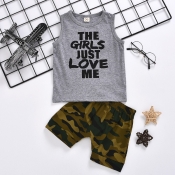 lovely Leisure O Neck Letter Print Grey Boy Two-pi