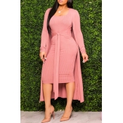 Lovely Casual Lace-up Pink Two-piece Skirt Set