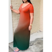 LW Casual V Neck Gradual change Orange Maxi Dress