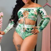 lovely Plants Print Green Two-piece Swimsuit