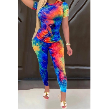 

LW Trendy O Neck Tie-dye Blue Two-piece Pants Set