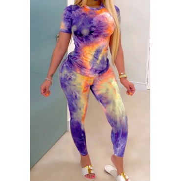 

LW Trendy O Neck Tie Dye Purple Two Piece Pants Set