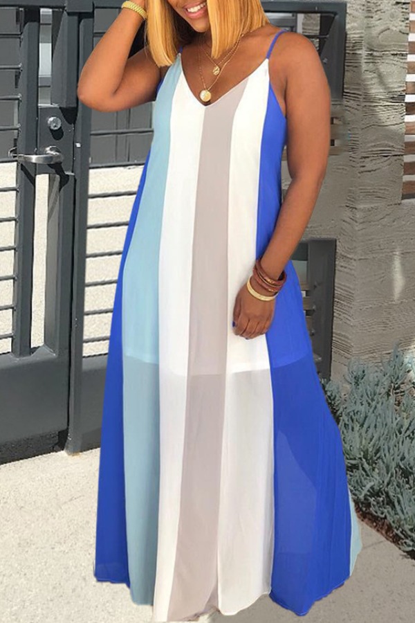 

lovely Casual V Neck Striped Blue Maxi Dress