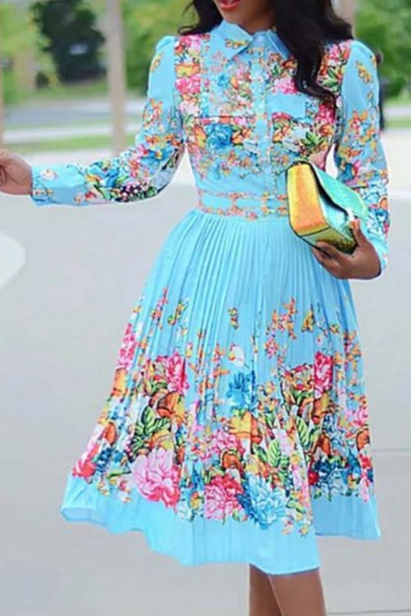 

Lovely Stylish Plants Print Baby Blue Knee Length Dress