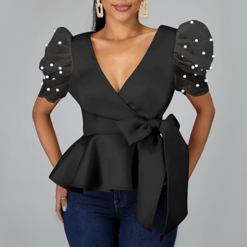 

lovely Trendy Deep V Neck Flounce Design Black Blouse