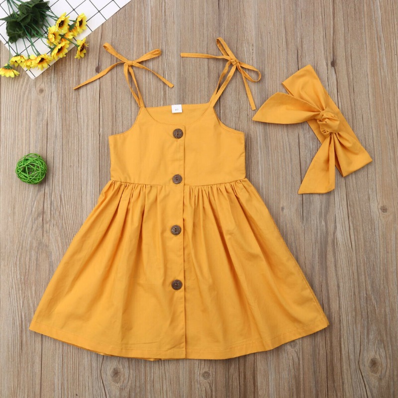 

lovely Stylish Buttons Design Yellow Girl Mid Calf Dress