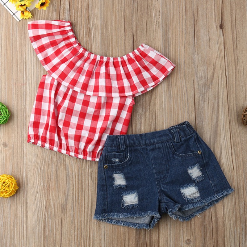 

lovely Sweet Grid Print Red Girl Two-piece Shorts Set